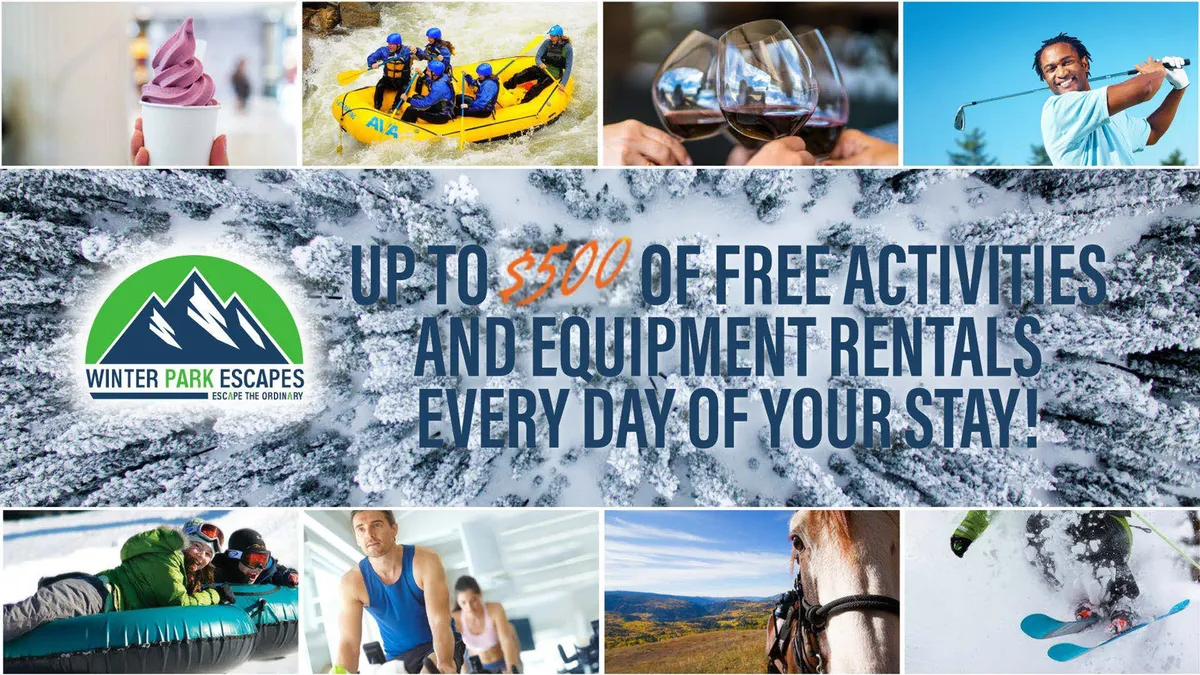This image captures a montage of outdoor activities—white water rafting, golfing, skiing, horseback riding, ice cream tasting, and wine tasting—set against scenic natural backdrops. The rafting scene is energetic and full of movement, while the other vignettes evoke adventure and relaxation.