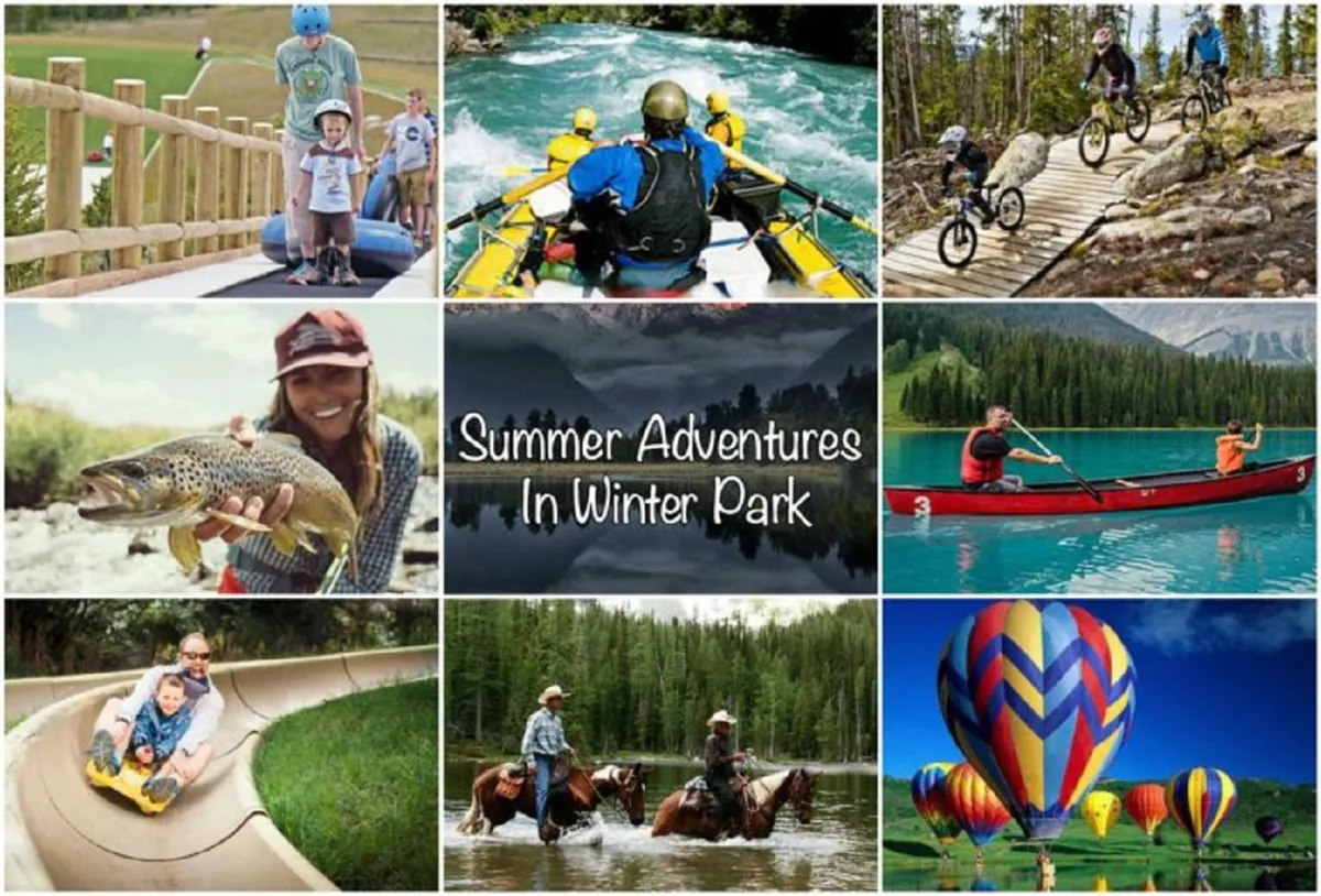 A vibrant interior mural scene showing families enjoying various outdoor activities such as rafting, fishing, biking, horseback riding, kayaking, tubing, sliding, and hot air ballooning. The image radiates excitement and energy, with colorful depictions of adventure and recreation.