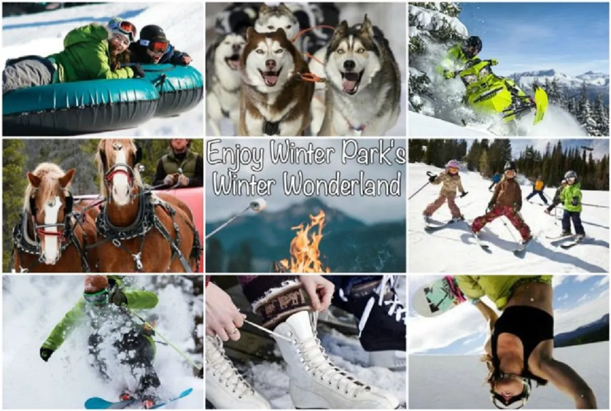 A lively outdoor scene teeming with winter activities: people tubing down a snowy hill, Husky dogs ready for sledding, snowmobiles revving up for adventure, children learning to ski, and families gathered around a campfire. The sense of fun and community is palpable.