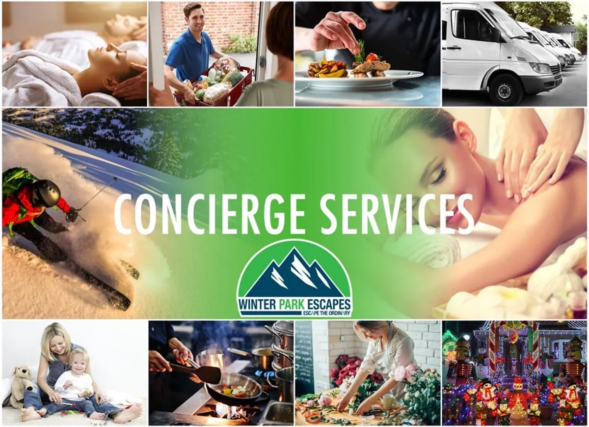 An inviting collage of luxury guest experiences, including spa treatments, family time, food delivery, skiing, and festive holiday moments. The image depicts a range of curated activities and exclusive services available to guests.